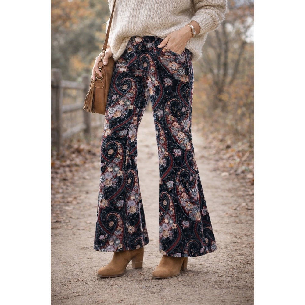 Women's Velvet Paisley Flare Pants Boho Floral Burgundy Black Retro, Sz 6 Whimsy